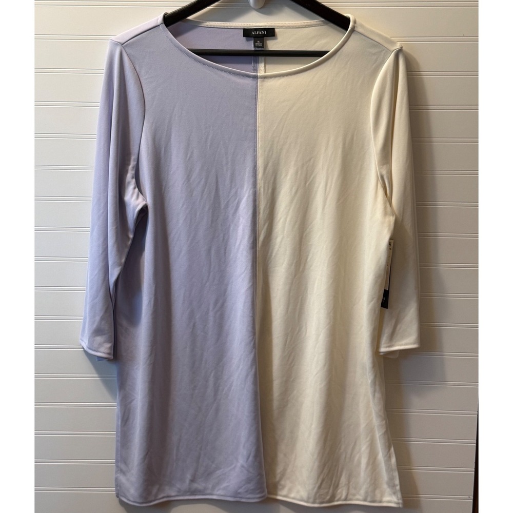 Alfani Elements Womens XL Lightest Lilac Colorblock Boatneck 3/4 Sleeve Top NEW